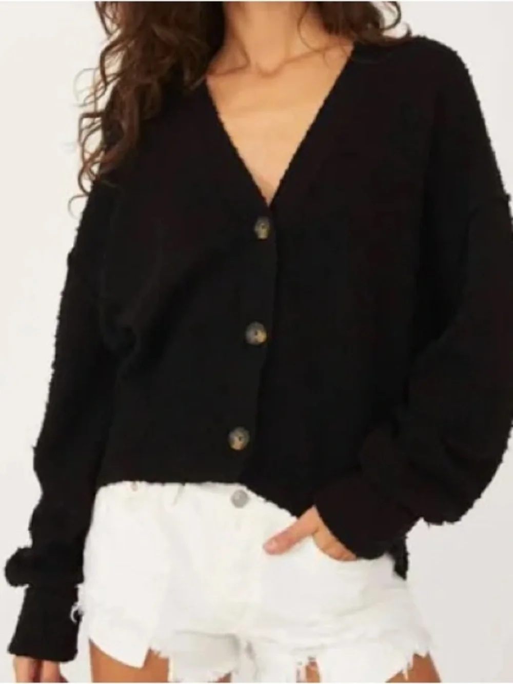 Free People Cozy Black Button-Up Cardigan